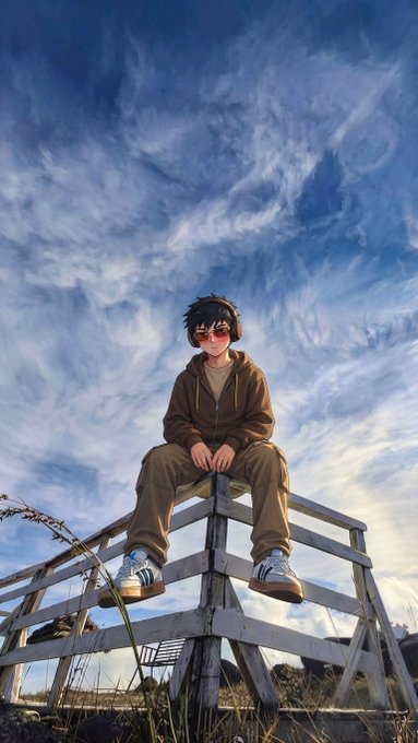 An anime-style illustration of a young man with headphones and sunglasses sitting on a wooden lifeguard chair against a dramatic blue sky with wispy clouds.