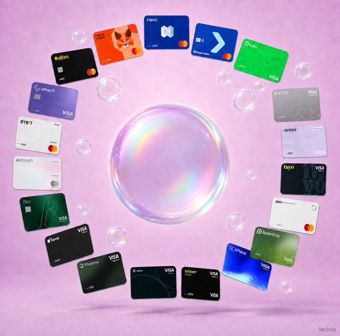 A promotional image showing various crypto debit cards (Nexo, Wirex, Crypto.com, KAST, Bybit, Koinly, etc.) arranged in a circle around a large iridescent soap bubble on a pink background.