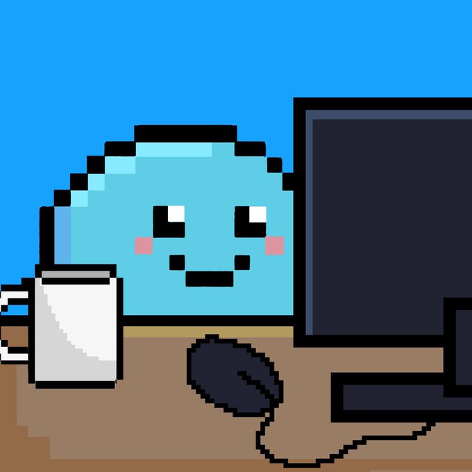 A pixel art illustration shows a cute, smiling blue blob-like character sitting at a desk with a computer monitor and mouse, holding a mug, set against a bright blue background. The cozy, focused workspace imagery reflects the post's theme of preparation and building during a bear market, symbolizing the dedication behind promoting the $DROP token within the XRP community.