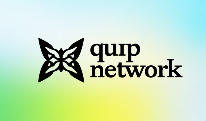 A butterfly logo beside the text "quip network" sits against a soft gradient background of green, yellow, and blue. This visual branding accompanies the post highlighting @quipnetwork's verifiable computing model, where trust in hardware output becomes more valuable than raw computing power alone.