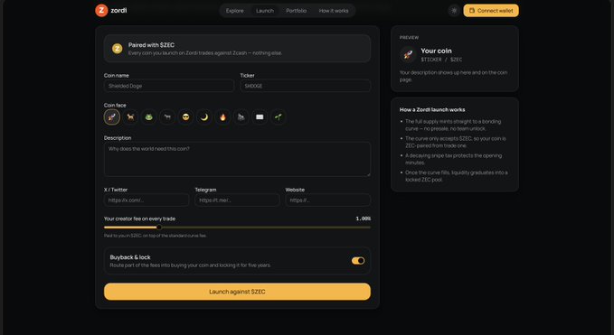 A dark-themed Zordi launch page showing a token creation form "Paired with $ZEC" for a coin named "Shredded Dodge" (ticker $SHRED), with a preview panel displaying "Your coin $SHRED ✓ $ZEC" and a prominent yellow "Launch against $ZEC" button—aligning with the sneak peek announcement of $zordi on ZEC.