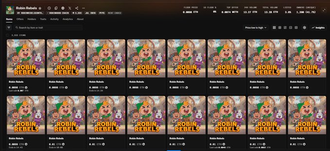 The image shows a digital marketplace listing for the "Robin Rebels" NFT collection, displaying multiple identical cartoon character thumbnails with various price points listed in ETH. The post highlights the significant price range and gains of the collection, with values ranging from 0.0016 ETH ($3) to 0.0098 ETH ($19), representing a 6x+ increase from mint price.