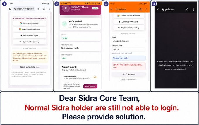 The image shows a sequence of four mobile screenshots attempting to log in to kycport.com, ending in an "Application error: a client-side exception has occurred" message, with a caption reading "Dear Sidra Core Team, Normal Sidra holder are still not able to login. Please provide solution." This relates to the post by highlighting that despite Sidra's focus on the GCC market and DEX launch, users still face basic login issues that need resolution first.