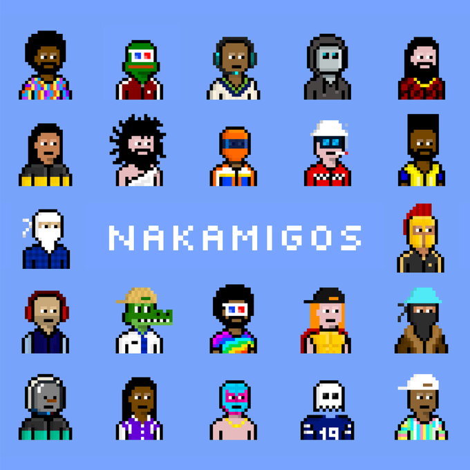 A pixel art grid displaying 25 unique character avatars arranged around the white pixelated text "NAKAMIGOS" on a blue background, with each figure featuring distinct outfits, hairstyles, and accessories like headphones, hats, and visors.

The image showcases the Nakamigos NFT collection referenced in the post, visually representing the diverse array of pixelated characters whose artwork and metadata are being migrated to Arweave for permanent storage.