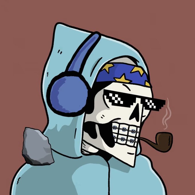 A cartoon skeleton character wearing a light blue hood, blue headphones, pixelated "deal with it" sunglasses, and a blue bandana with yellow stars, smoking a pipe against a brown background.