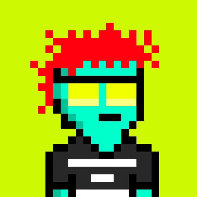 A pixel art character with teal skin, yellow rectangular glasses, red spiky hair, and a black shirt, displayed against a bright yellow-green background.