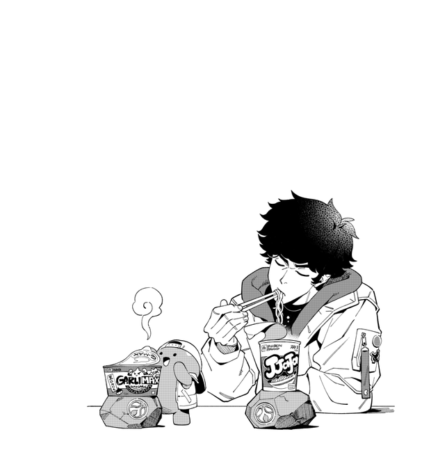 A black and white manga-style illustration of a young man with messy dark hair eating instant noodles while looking at his phone, with a small mascot character and 'Crunchy Max' cup noodles beside him.