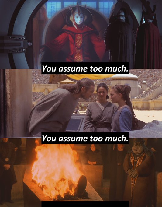 The image shows a collage of three different scenes from Star Wars featuring characters such as Princess Leia, Darth Vader, and other characters. The first scene depicts Princess Leia talking with a man who appears to be a character named "You Assume Too Much." The second scene shows Princess Leia talking with another woman in a gray dress. The third scene features Princess Leia talking with a man wearing a red cape. In the background of each scene, there is text that reads: "You Assume Too Much. You assume too much. You assume too much. You assume too much." This suggests that the characters are discussing their assumptions about others in the Star Wars universe and how it affects them.