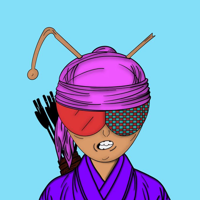 A cartoon illustration of a character with a purple headwrap, colorful patterned sunglasses, purple clothing, and a bow and arrows on their back against a light blue background.