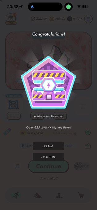 A mobile game screenshot showing a 'Congratulations!' achievement unlocked for opening 625 Level 4+ Mystery Boxes.