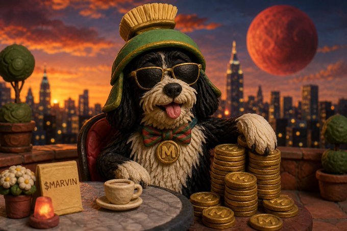 A whimsical portrait of a dog labeled '$MARVIN' wearing sunglasses and a hat, sitting at a table with stacks of gold coins marked with 'M' against a city skyline and red moon.