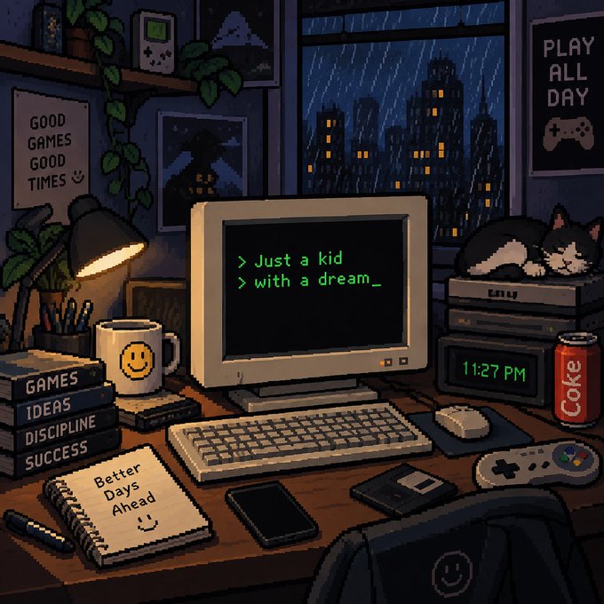 A pixel-art scene shows a cozy late-night gaming setup at 11:27 PM, featuring an old CRT monitor displaying "> Just a kid > with a dream_" in green text, alongside a sleeping cat, a "Coke" can, a notebook reading "Better Days Ahead", and books labeled "GAMES, IDEAS, DISCIPLINE, SUCCESS" beneath "PLAY ALL DAY" and "GOOD GAMES GOOD TIMES" posters. The image evokes nostalgic 90s bedroom hacker/gamer aesthetics that align with the post promoting a free mint called "THE 98s Laptop" on RobinhoodCrypto, suggesting the artwork represents the nostalgic, dream-chasing crypto project.
