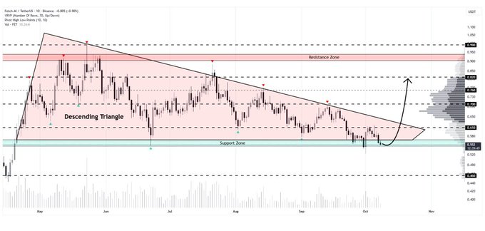 A daily candlestick chart of FET/USDT (Tether) on Binance showing a 'Descending Triangle' pattern. The chart highlights a 'Resistance Zone' in red near $0.960 and a 'Support Zone' in green around $0.900, with a black arrow indicating a potential breakout upwards.