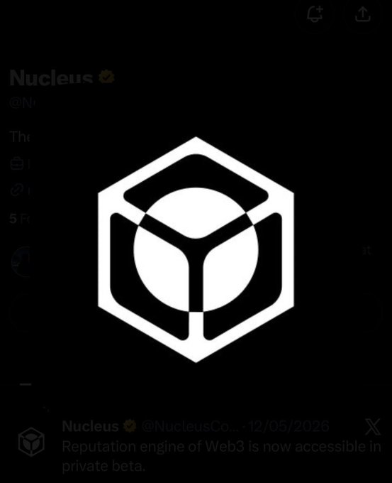 A black-themed social media post from Nucleus (@NucleusCo...) dated 12/05/2026 with a hexagonal cube logo, announcing 'Reputation engine of Web3 is now accessible in private beta.'