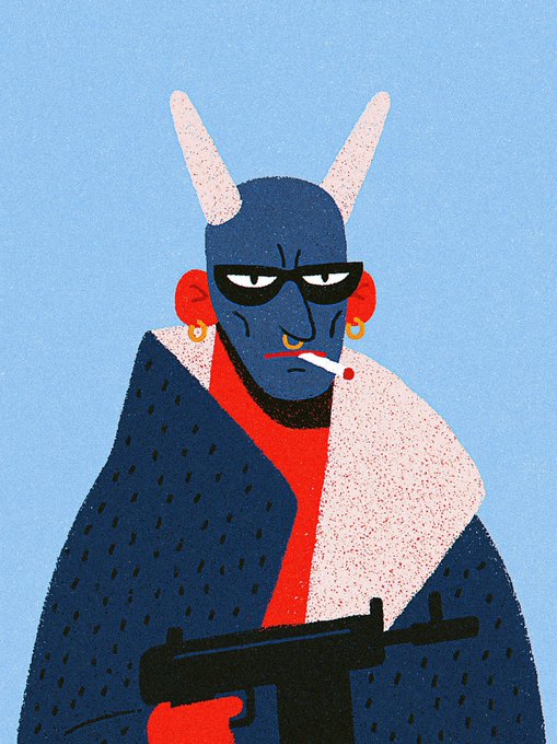A blue-skinned figure with pink horns, red earrings, and a nose ring smokes a cigarette while holding a firearm against a blue background. The stylized illustration matches the post's praise for clean and unique artwork from @THEBUFOS.