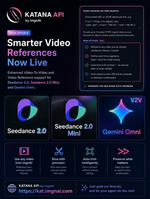 An announcement graphic for KATANA API by ImgnAI titled 'Smarter Video References Now Live,' highlighting new video-to-video and reference support features for Seedance 2.0, Seedance 2.0 Mini, and Gemini Omni.