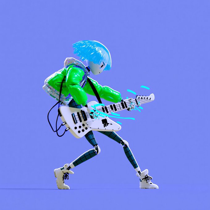 A 3D-rendered figure with bright blue hair and a green puffer jacket plays an electric guitar in a dynamic rock pose against a purple background.