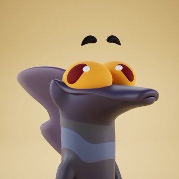 A 3D-rendered cartoon creature with a dark purple body, blue stripes, and large yellow eyes with red pupils looks upward against a pale yellow background.