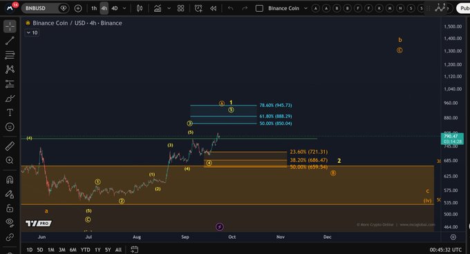 The image shows a TradingView chart of Binance Coin (BNB/USD) on the 4-hour timeframe, displaying Elliott Wave analysis with Fibonacci retracement levels marked at 50% ($850.04), 61.80% ($883.29), and 78.60% ($945.73), highlighting the projected target zone mentioned in the post.