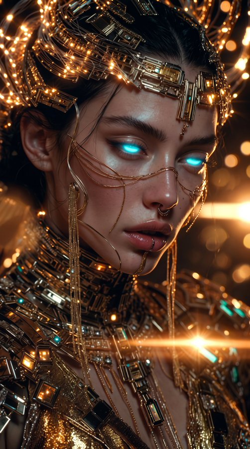 A highly detailed digital artwork of a futuristic woman with glowing blue eyes, wearing an ornate golden headdress and jewelry with intricate metallic patterns.