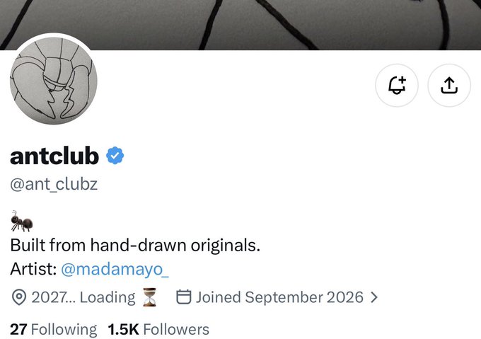 The image shows an "antclub" Twitter profile (@ant_clubz) with a verified blue checkmark, featuring a hand-drawn ant avatar by artist @madamayo_, with 1.5K followers and a "2027... Loading" tagline. This profile aligns with the post promoting it as NFT alpha by @madamayo_ with a free mint price and TBA supply/chain details, establishing it as an upcoming hand-drawn NFT collection project.