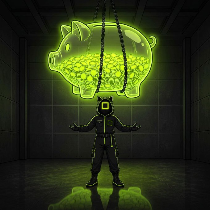 A stylized illustration of a hooded figure in a dark room standing beneath a giant glowing green piggy bank filled with coins, suspended by chains.