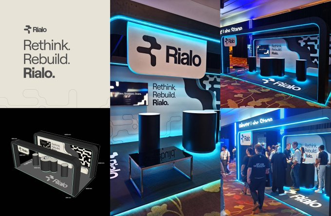 A branding collage for 'Rialo' featuring the tagline 'Rethink. Rebuild. Rialo.' alongside photos of an illuminated event booth with cyan neon lighting and a crowd of attendees.