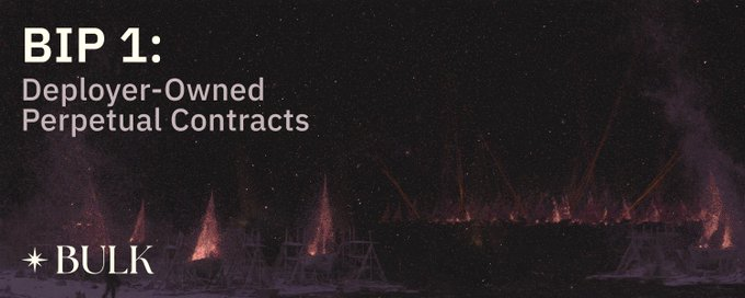 A banner with the text 'BIP 1: Deployer-Owned Perpetual Contracts' and the 'BULK' logo is overlaid on a dark, starry background featuring glowing red structures resembling flares.