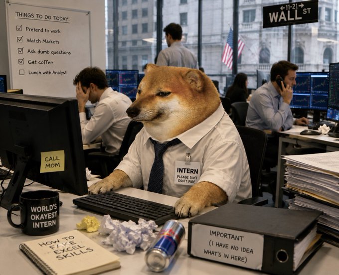 A humorous image of a Shiba Inu dog dressed as a Wall Street intern sitting at a desk with various props including sticky notes ('CALL MOM', 'HOW TO PUT EXCEL SKILLS') and a 'WORLD'S OKAYEST INTERN' mug.