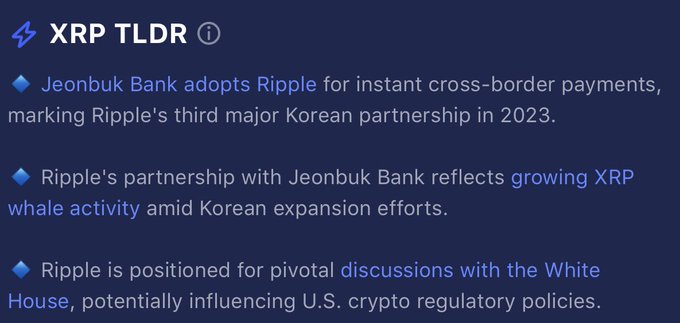 The image displays an "XRP TLDR" summary highlighting that Jeonbuk Bank has adopted Ripple for instant cross-border payments, marking Ripple's third major Korean partnership in 2023, alongside growing XRP whale activity and Ripple's positioning for pivotal White House discussions on U.S. crypto regulatory policy.