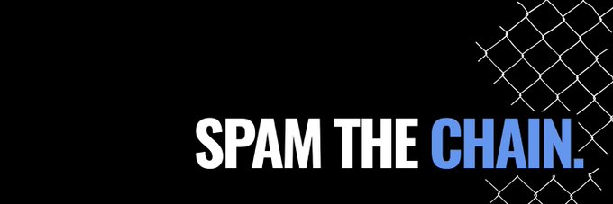 A black graphic with a chain-link fence overlay displays the text 'SPAM THE CHAIN.' in white and blue lettering.