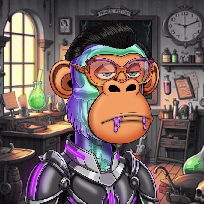 A digital illustration of a rainbow-colored monkey wearing pink-rimmed glasses and futuristic silver and purple armor, standing in a cluttered laboratory with bottles, a green flask, and a clock.