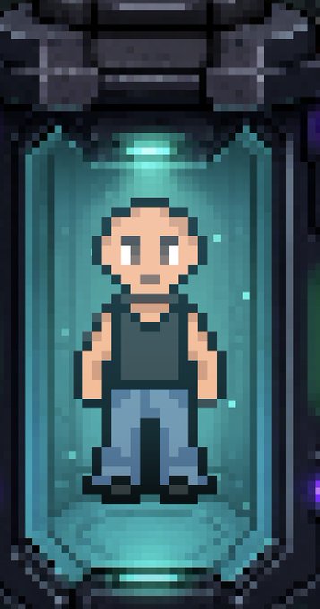 A pixel art character stands inside a glowing blue cryogenic chamber or teleportation pod. The image likely represents "Danny G" being cryogenically frozen or podded up, as referenced in the tweet about entering Midnight City ($NIGHT).