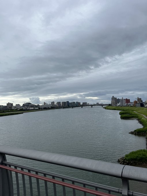 The image shows a view of a river with buildings across the water, including a bridge that spans the width of the river. The sky above appears cloudy, creating an overcast atmosphere. In the foreground, there's a metal railing or fence running along the edge of the river, adding to the urban setting.