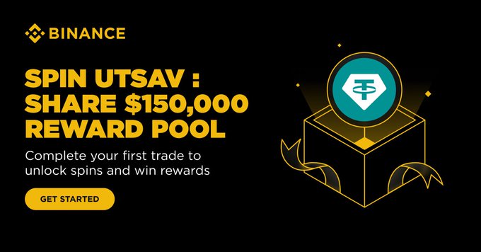 The image features a promotional poster for a Bitcoin Reward Pool organized by Binance. The poster has a unique design with a blue and gold color scheme, giving it an appealing and eye-catching look. It prominently displays two images of coins - one placed inside a box adorned with golden ribbons, suggesting the reward pool is worth $150,000. The text on the poster mentions that this event includes a "Spin UTSAV # share $150,000 reward pool", indicating it's an online activity where users spin their tokens and can potentially win various rewards like tokens, Bitcoins or tokens for a chance to buy Bitcoins. It also highlights that the first step is to participate in the live event by spinning utsav on your token. The overall design and the text make it visually engaging and provide clear information about what participants need to do to be part of this exciting opportunity.