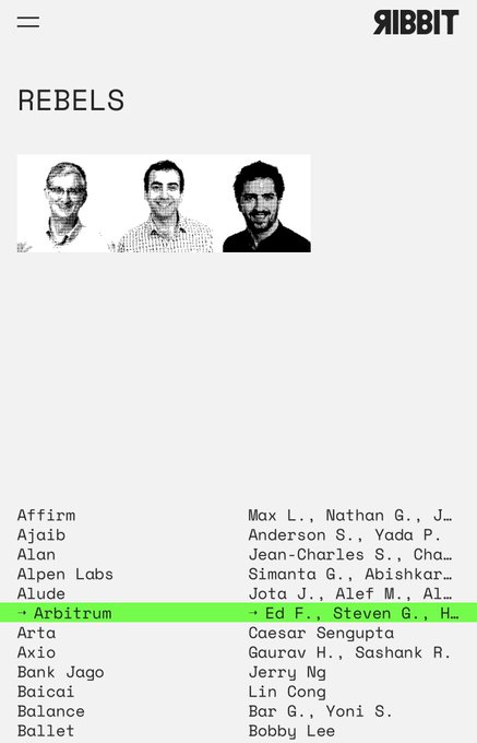 A mobile website screenshot from "RIBBIT" showing a list titled "REBELS" with three headshots and entries including "Affirm," "Ajaib," and "Arta," with "↑ Arbitrum" highlighted in green.