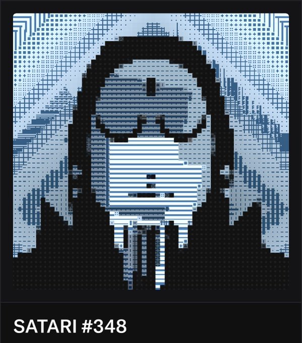 A pixelated, monochromatic blue portrait of a hooded figure, titled "SATARI #348" at the bottom. The image is part of the "Satari" NFT collection minted by user @phraze, with this particular edition being number 348.
