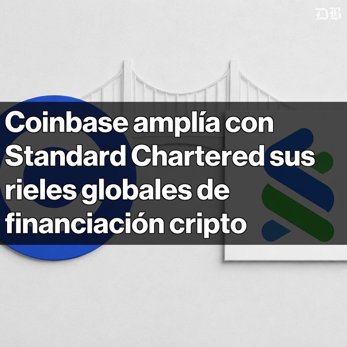A text overlay on a white background that reads, "Coinbase amplía con Standard Chartered Nuevos canales de fondeo financiaíacionício en múltiplas monedas para clientes institucionales". This relates to the post as it explains how Coinbase facilitates financial transactions between users from different countries. The image also shows a picture of a bridge in a foreign language, and there is an additional text that says "coinbase amplía con Standard Chartered Nuevos canales de fondeo financiaíacionício en múltiplas monedas para clientes".
