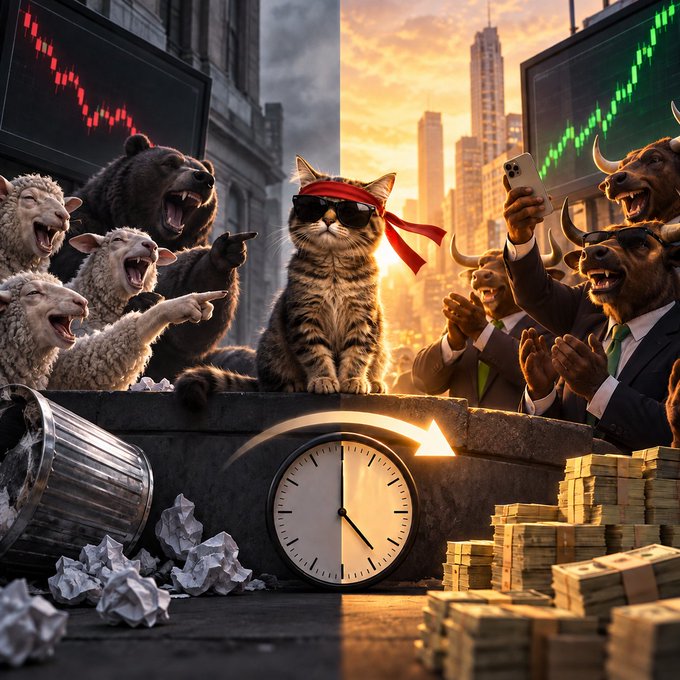 An illustration depicts a cat with a red headband and sunglasses sitting between a group of angry bears (left side with a downward red chart) and cheering bulls (right side with an upward green chart), with a clock, crumpled papers, and stacks of money below.