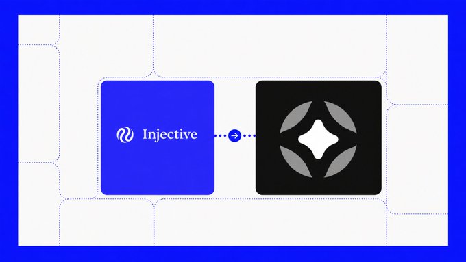 A blue and white graphic showing a connection/transfer between the Injective blockchain logo and a black square icon featuring a gray circular design.