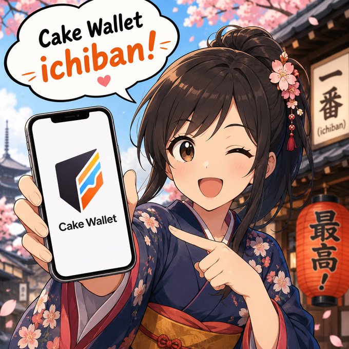 An anime-style illustration of a winking girl in a kimono holding a smartphone displaying the Cake Wallet app, with a speech bubble reading 'Cake Wallet ichiban!' and Japanese characters in the background.