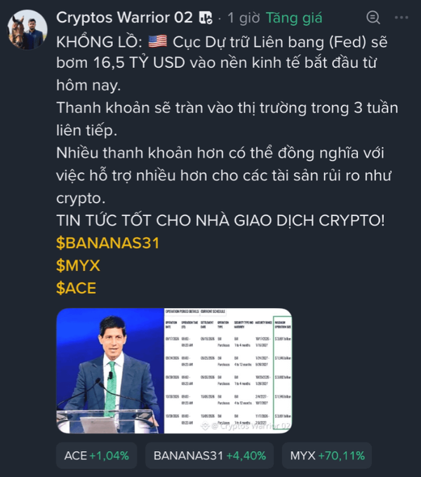 A social media post in Vietnamese from 'Cryptos Warrior 02' discussing the Fed injecting $16.5 billion into the economy, highlighting crypto tickers $BANANAS31, $MYX, and $ACE.