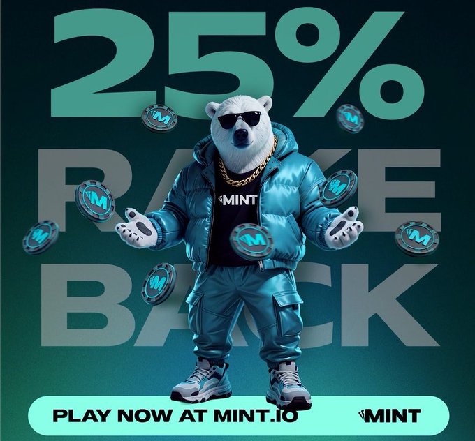 A promotional graphic for MINT advertising '25% RAKE BACK', featuring an anthropomorphic polar bear wearing sunglasses and a teal puffer jacket, surrounded by MNT tokens, with text directing users to 'PLAY NOW AT MINT.IO'.