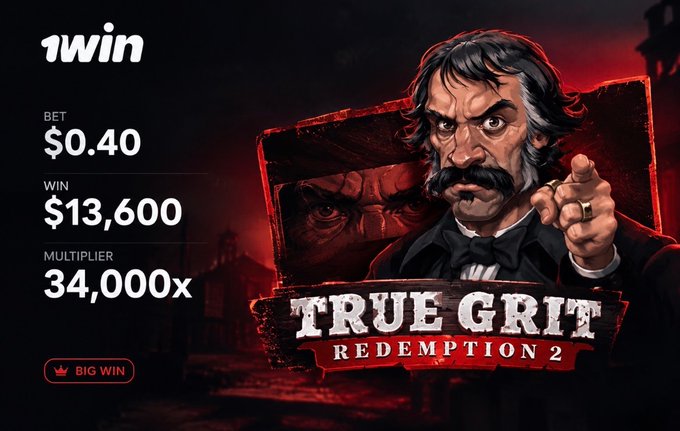 A 'True Grit Redemption 2' slot game win screen showing a bet of $0.40, a win of $13,600, and a 34,000x multiplier, featuring an illustrated cowboy character pointing forward.