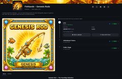 Screenshot of an NFT listing page for 'GENESIS ROD' by 'STRANGEBLOX - Genesis Rods', featuring a golden rod artwork in an ornate frame.