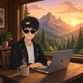 A small illustration of a person wearing sunglasses and headphones working on a laptop at a desk with a coffee mug, set against a backdrop of mountains at sunset.