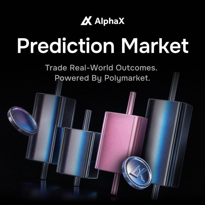 A promotional graphic for 'AlphaX Prediction Market' features 3D metallic bars in pink and blue alongside 'AX' coins, with the text 'Trade Real-World Outcomes. Powered By Polymarket.'