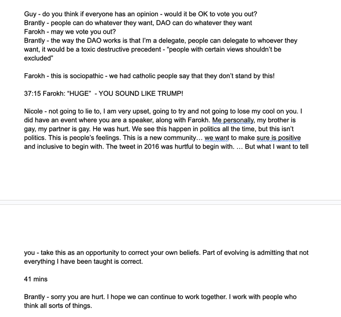 A transcript of a meeting/conversation between Guy, Brantly, Farokh, and Nicole, discussing voting, DAO, hurtful tweets from 2016, and inclusivity.