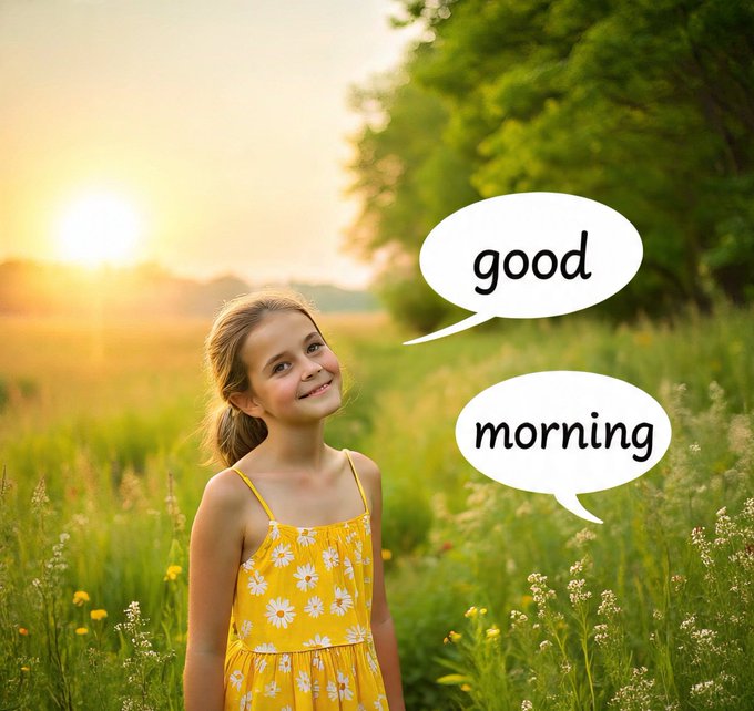 A young girl in a yellow floral dress stands in a sunlit field with speech bubbles saying 'good morning'.