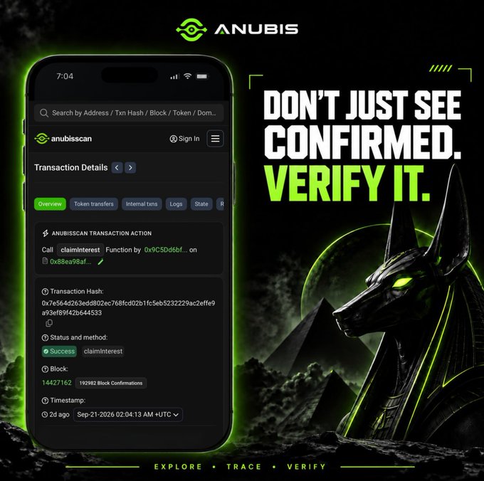 Promotional graphic for ANUBIS displaying a smartphone showing the anubisscan transaction details interface with 'DON'T JUST SEE CONFIRMED. VERIFY IT.' and 'EXPLORE • TRACE • VERIFY' text alongside an Anubis illustration.
